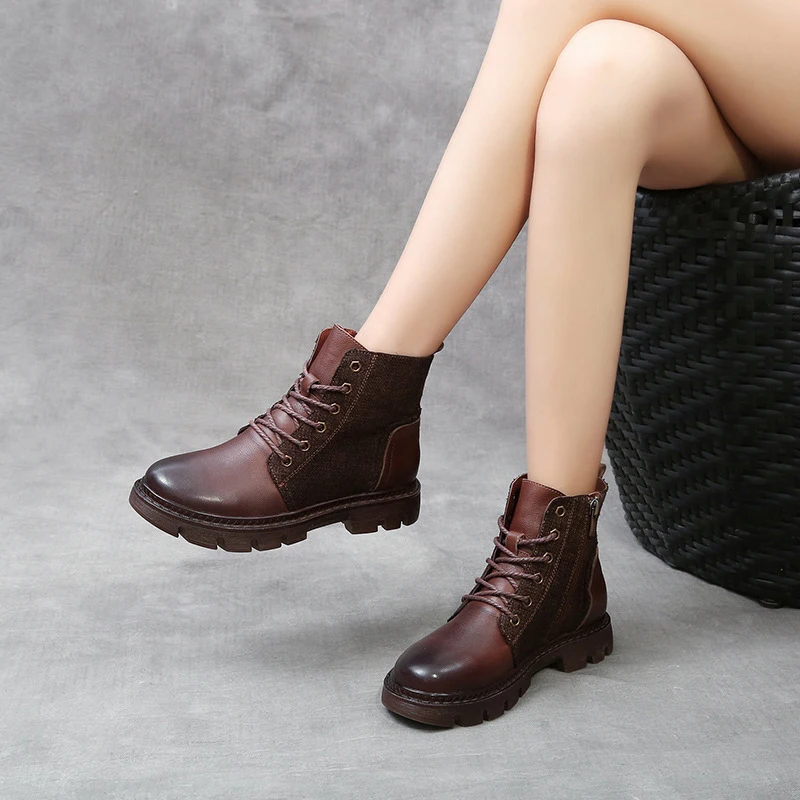 

genuine leather platform ankle boots for women brown booties woman square heel womens shoes pointed toe zipper botte femme TSDFC
