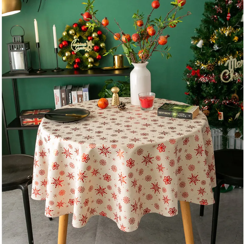 

Christmas Golden Round Tablecloth Snow Table Cover Cotton Linen Picnic Cloth Red Background Cloth Home Dinning Table Decoration
