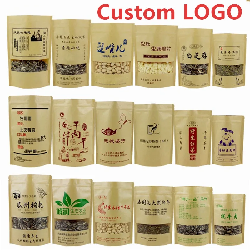 

100pcs Custom logo kraft paper stand up bag with clear window, customize candy nuts coffee tea storage pouches bags with zipper