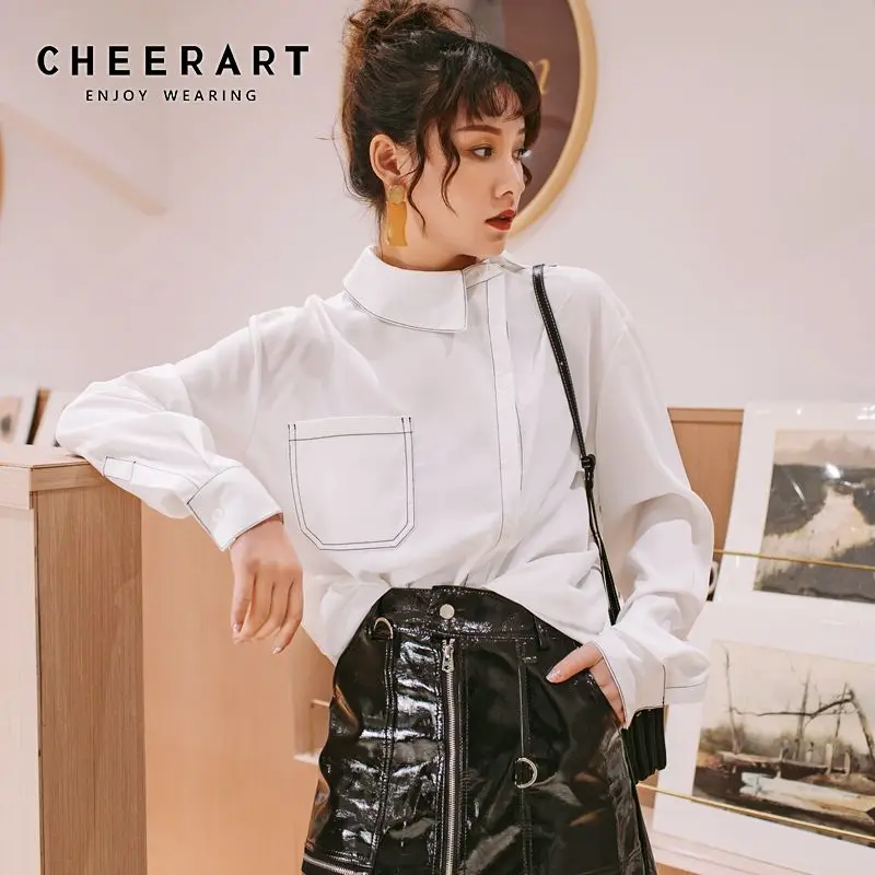 

Cheerart White Long Sleeve Blouse Designer Tops Loose Shirt Stitch Line Blouse Button Up Shirt High Street Autumn 2019 Women