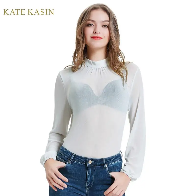 Kate Kasin/пикантные женские футболки прозрачные однотонные топы с длинными рукавами, тонкие женские вечерние футболки с высоким воротом