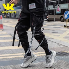 Мужские хип хоп большой карман ленты рабочая одежда, штаны модный бренд Harajuku шаровары уличная грузовые тактические брюки