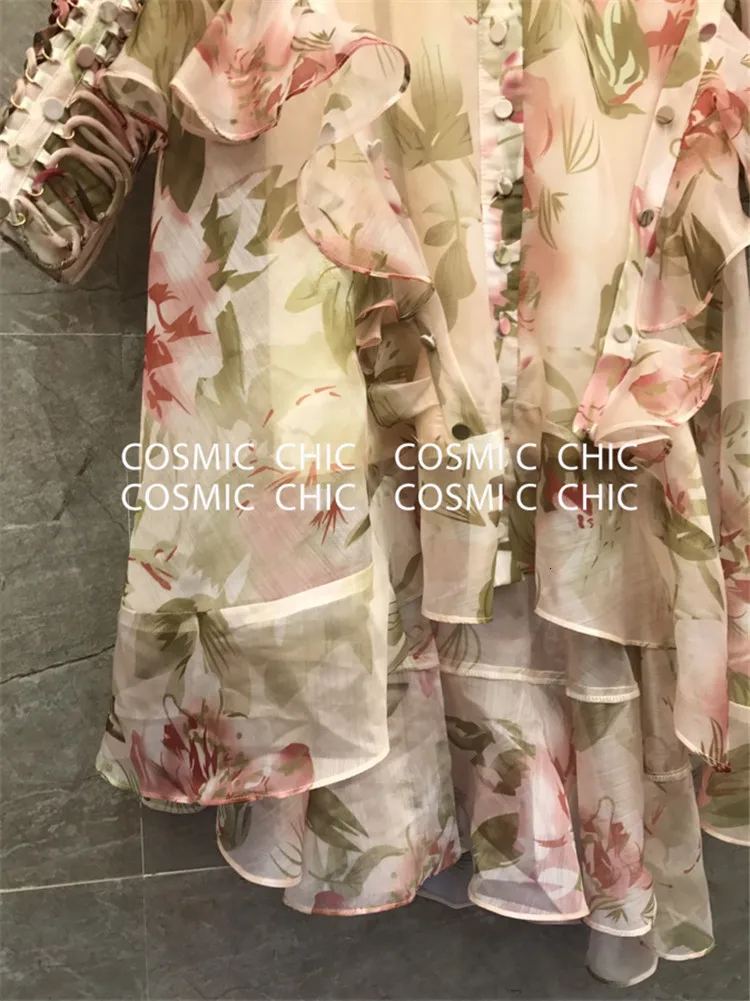 Cosmicchic подиумное винтажное платье макси с цветочным принтом, Необычные Вечерние платья с длинным рукавом-фонариком, элегантное женское платье с поясом