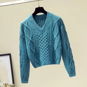 

2019 Women Sweet Solid Casual Sweater Female Warm Knitted Pullovers V-Neck Long Sleeve Jumper Tops