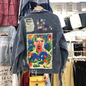 

SexeMara fashion The New Loose Heavy work Beading printing Contrast color Hole Washed denim jacket Free shipping