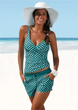 

&Women's boxer pants wave point swimsuit two piece suit water sports casual quick dry beach Suit Blue stretch tight sexy bikini