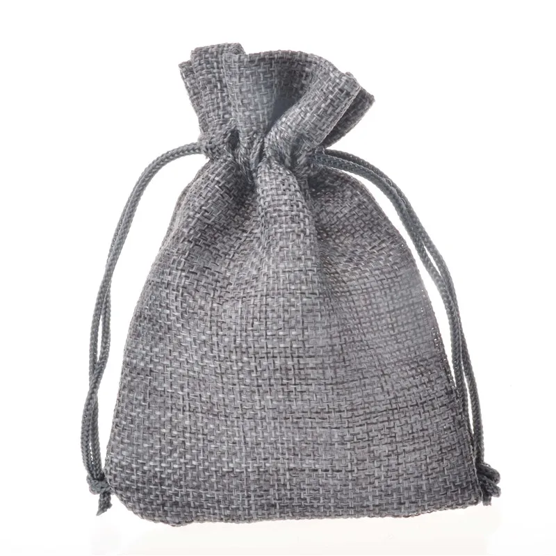 

100pcs/lot Faux Burlap Drawstring Small Jute Bags Jewelry Packaging Rustic Wedding Favors bomboniere Gift Pouches 9x12cm Gray