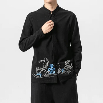 

Embroidery Men's Shirt Mandarin-Collar Tang-Suit Long-Sleeve Cotton Linen Chinese-Style Casual Clothing Y2118