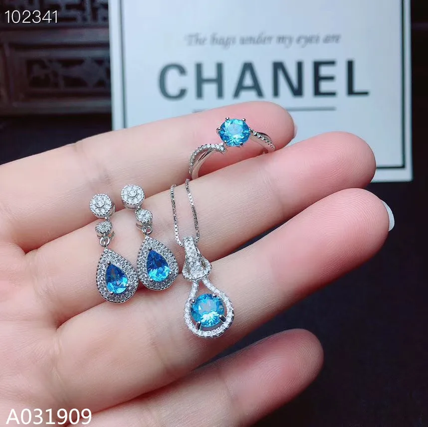 

KJJEAXCMY boutique jewelry 925 sterling silver inlaid Natural blue Topaz Necklace Ring Earring Suit Support Detection popular