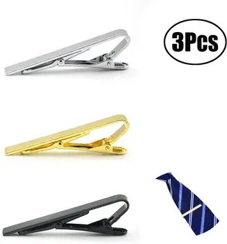 

Lvcky 3 Pieces Mens Ties Bar Clips Silk Tie Bar Set, Silver, Black and Golden