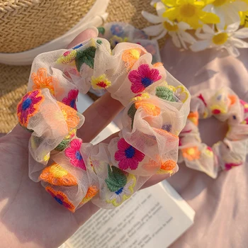 

Daisy Elastic Hair Bands Scrunchie Women Mesh Embroidery Floral Headbands Girls Hair Tie Rope Hair Accessories