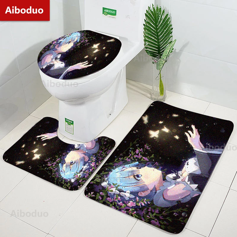 

Aiboduo 3pcs/set Toilet Lid Cover Set Re:zero Carpet Bath Mat NonSlip Anime Girl Rem Warm Home Decoration Absorbent Restroom Rug