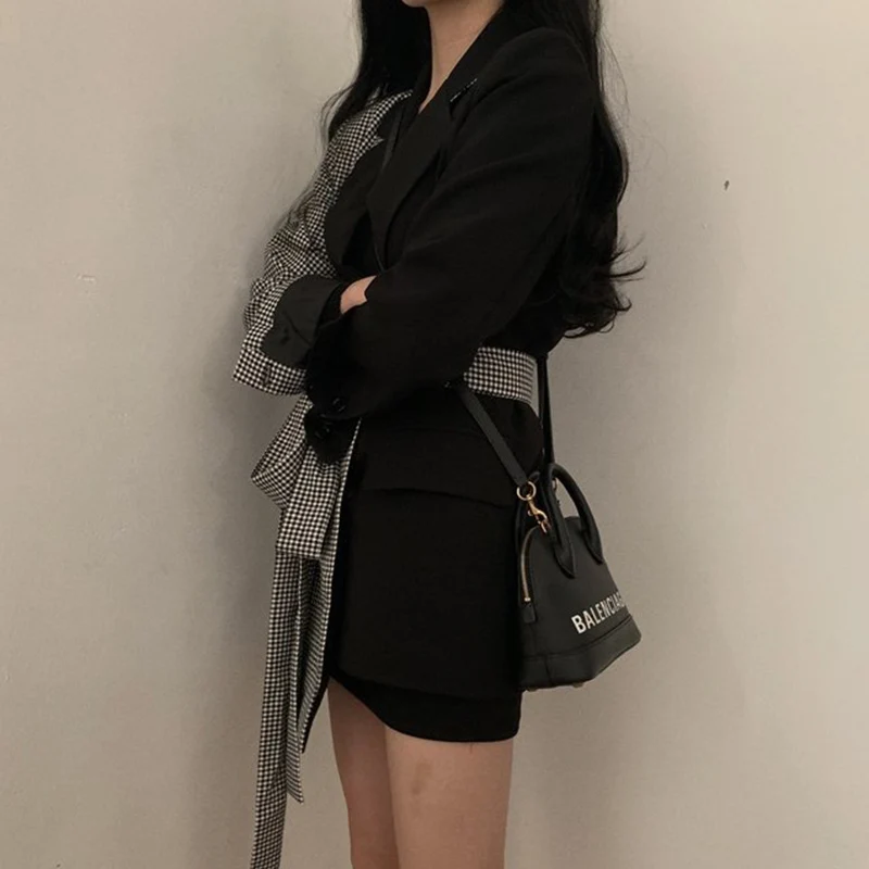 Ins Style Autumn Design Split Joint Lattice Irregular Blazers Chalaza High Waist Long Fund Loose Coat Woman
