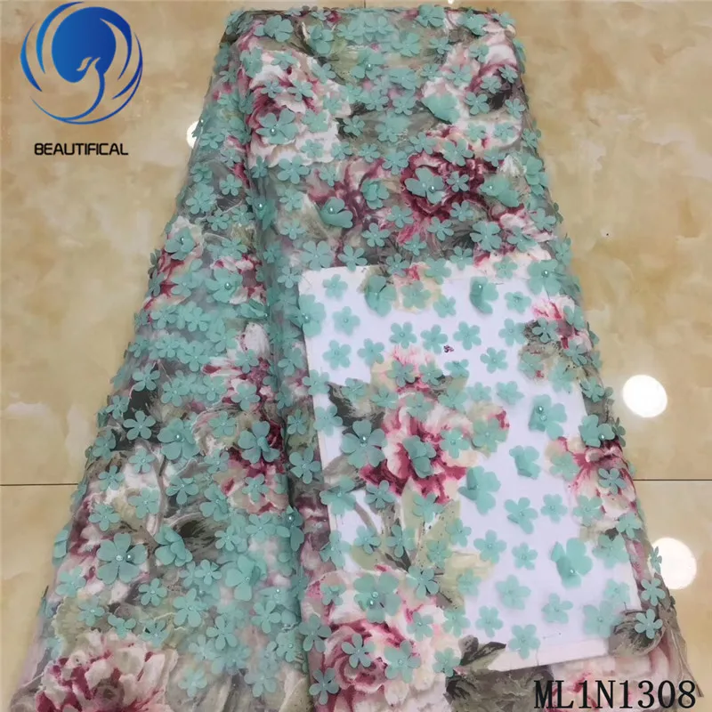 BEAUTIFICAL африканский тюль кружева ткани принты 3d цветок кружева 5 ярдов Высокое качество свадебное платье тюль сетка кружева ML1N1308