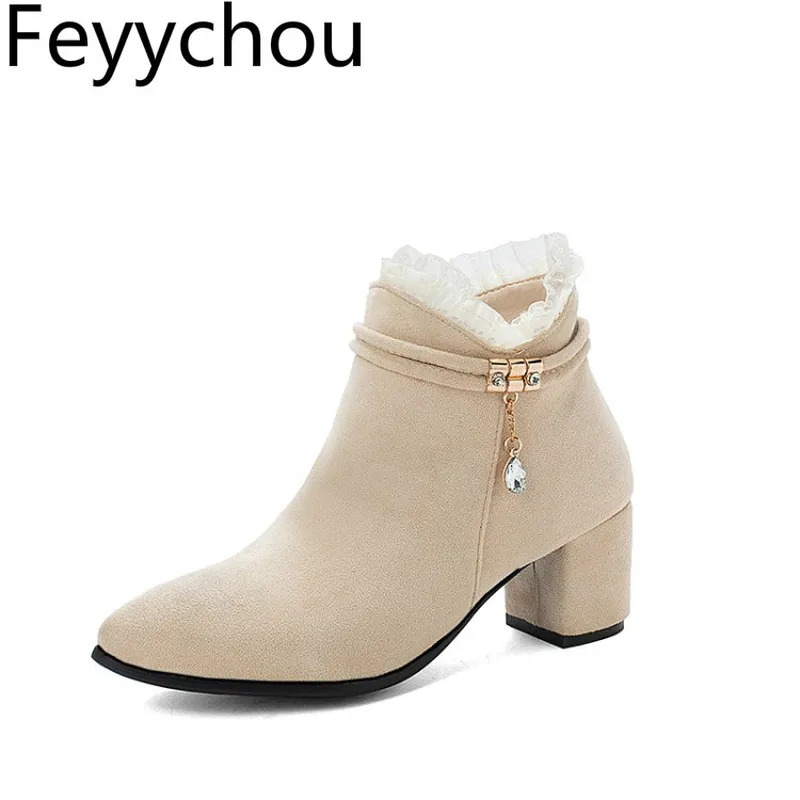 

Women's Boots High Heel Warm Flock Zip Round Toe Ankle Ruffles Basic Chelsea Shoes 2019 New Sexy Fashion Black Beige Size 34-43