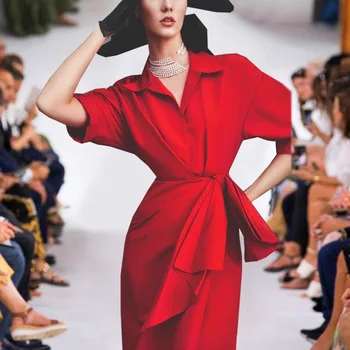 

European and American Fashion 2020 nian Summer Supermodel Show New Women's Red Temperament Self-Short-Sleeve Shirt Dress