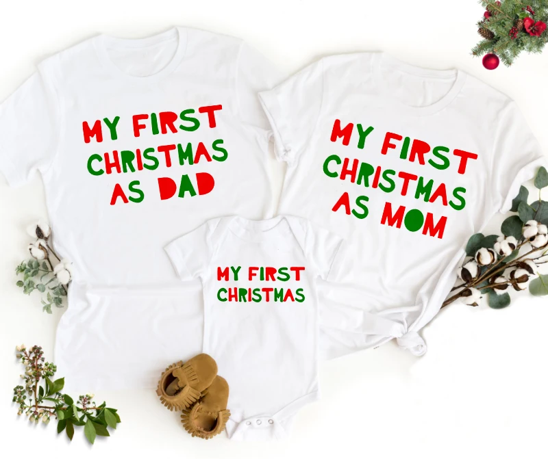 thumbnail image 2 of 1 pieza Mi primera Navidad como papá mamá familia Navidad camiseta a juego bebé mameluco bebé recién nacido mono trajes ropa gráfica camiseta, 2 of 5