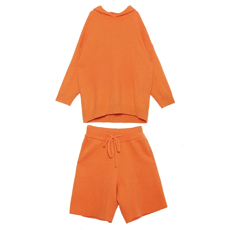 [EAM] Wide Leg Pants Knitting Two Piece Suit New Hooded Long Sleeve Loose Fit Women Fashion Tide Spring Autumn 19A-a219