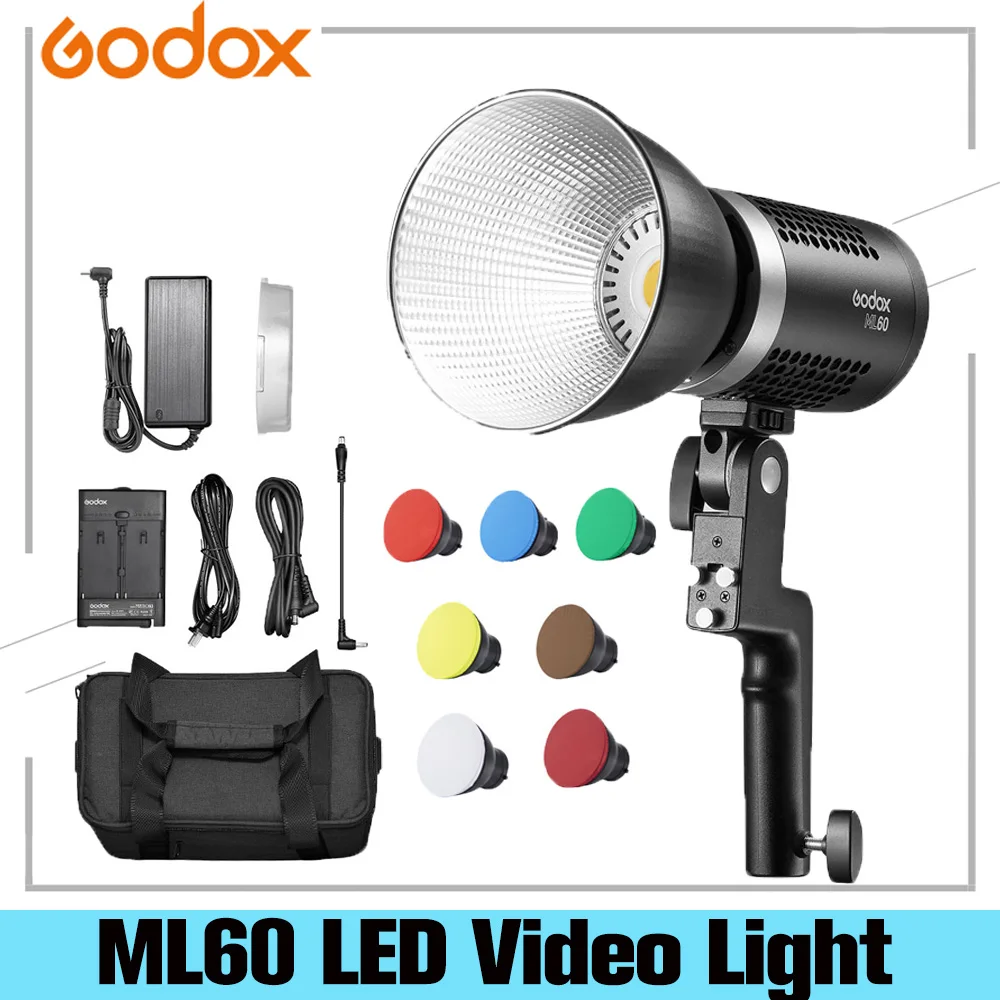 Godox ML60 60W lumière LED Mode silencieux Support de réglage de la luminosité Portable Li-ion avec alimentation ca lumière LED extérieur