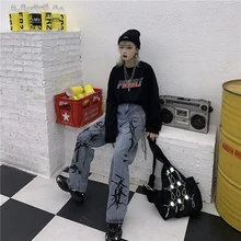 Женские и мужские винтажные уличные брюки с принтом шипов, потертые джинсы на весну и осень, свободные прямые джинсы с высокой талией, одежда