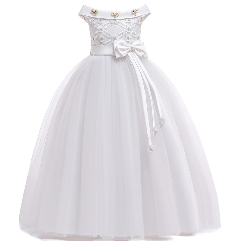 Зимнее белое длинное платье подружки невесты на одно плечо платье с бантом для девочек, детские платья для девочек, детское праздничное платье принцессы для свадьбы - Color: White