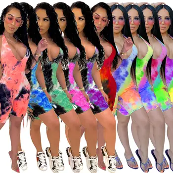 

12CM727 Summer Women Sexy Jumpsuit Playsuit Rompers Spaghetti Strap Tie-dyed Print Hollowing Out Plus Size