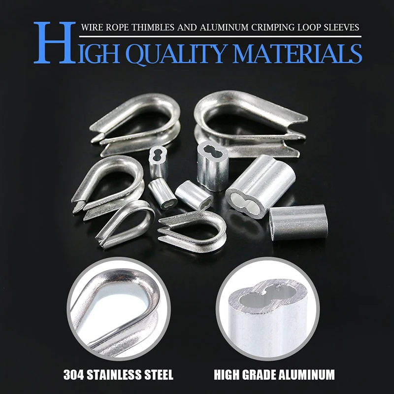 pçs dedais de cabo de corda de fio de aço inoxidável alumínio crimpagem laço manga variedade kit para corda de fio rigging