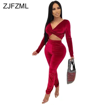 

Autumn Winter Velvet Two Piece Set Women's Tracksuit Deep V Neck Full Sleeve Crop Top and High Waist Bodycon Pant Club Outfits