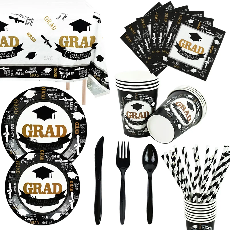 Congratulations Graduation 2021 Disposable Tableware Black Doctor Hat Print Paper Plate Cups Napkins graduation party decoration