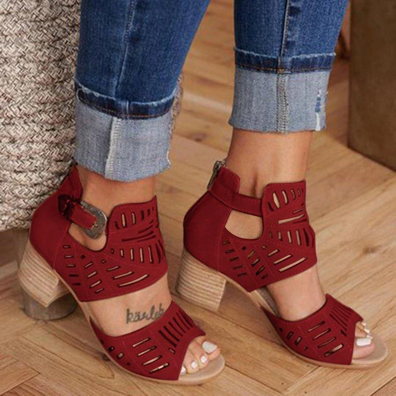 

Vintage Hollow Out Sandals Mid Heel Summer Slip-on Buckle Ladies Shoes Artificial Open Toe Casual Wedding Pumps Women Sandalias1