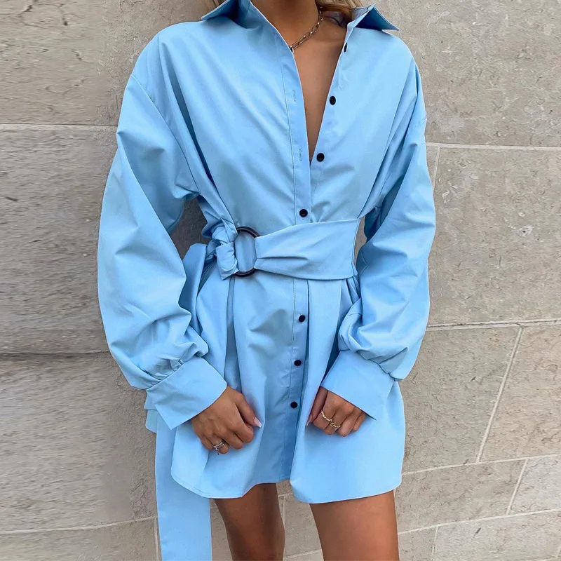 

Yimunancy 2019 Cotton Shirt Dress Women Fashion Long Sleeve Casual Dress Ladies White/Blue Office Dress with Belt Vestidos Robes