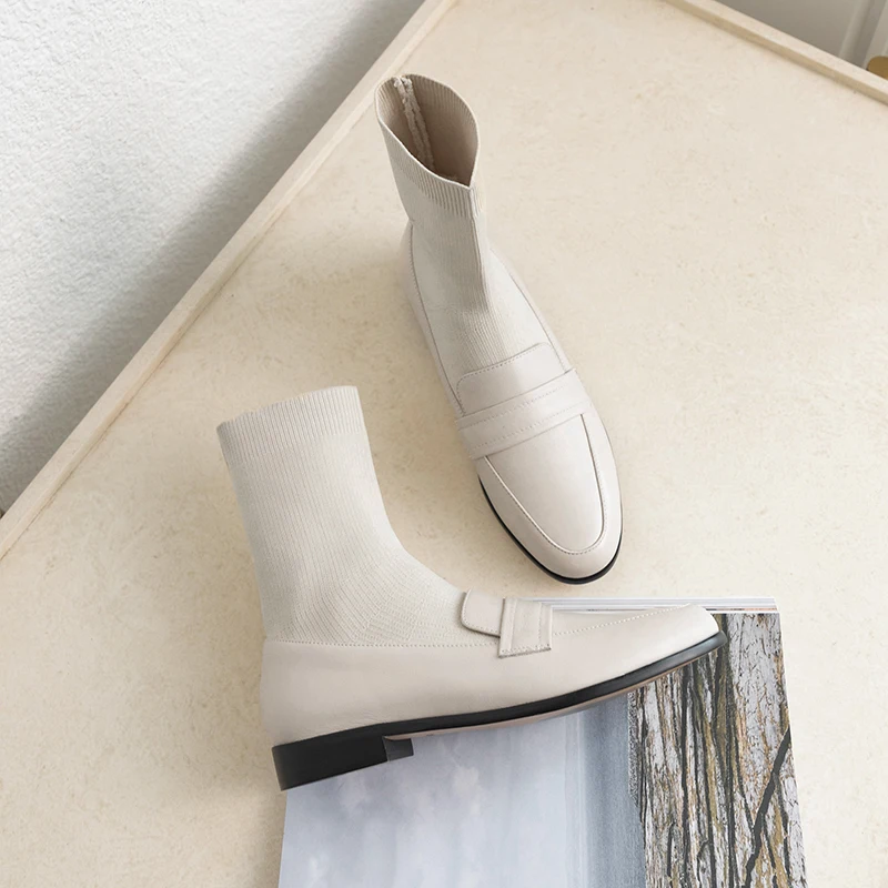 Women's genuine leather Stretch knitting patchwork slip-on flats autumn ankle boots leisure soft comfortable short booties shoes