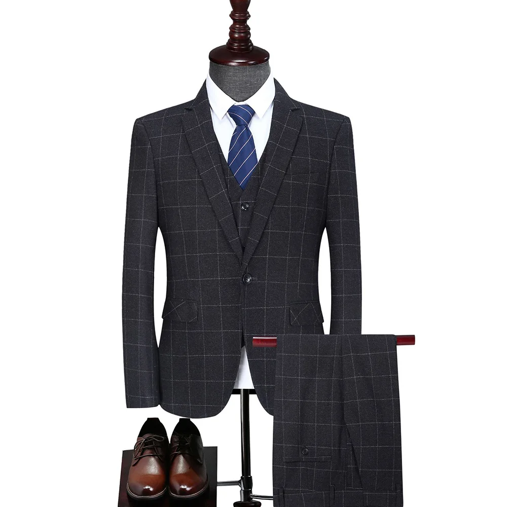 Dressv Black Lattice Men's Suit Jacket+Vest+Pants 3 Pieces Groom Suits Long Sleeves Plus Size One Button For Wedding