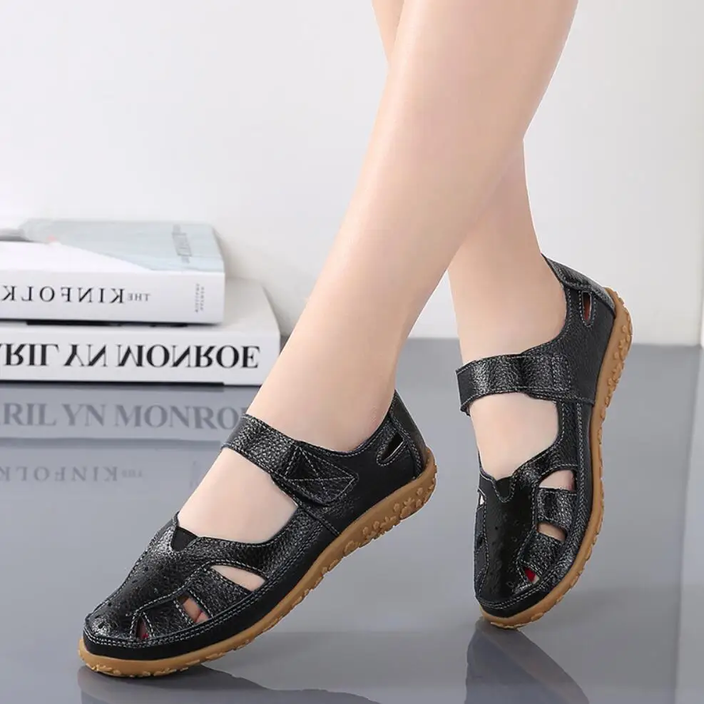 Women Mother Genuine Leather Sneake Soft Bottom Sandals Flats Summer Ladies Hollow Out Beach Shoes Quality Hot Gladiator Sandals