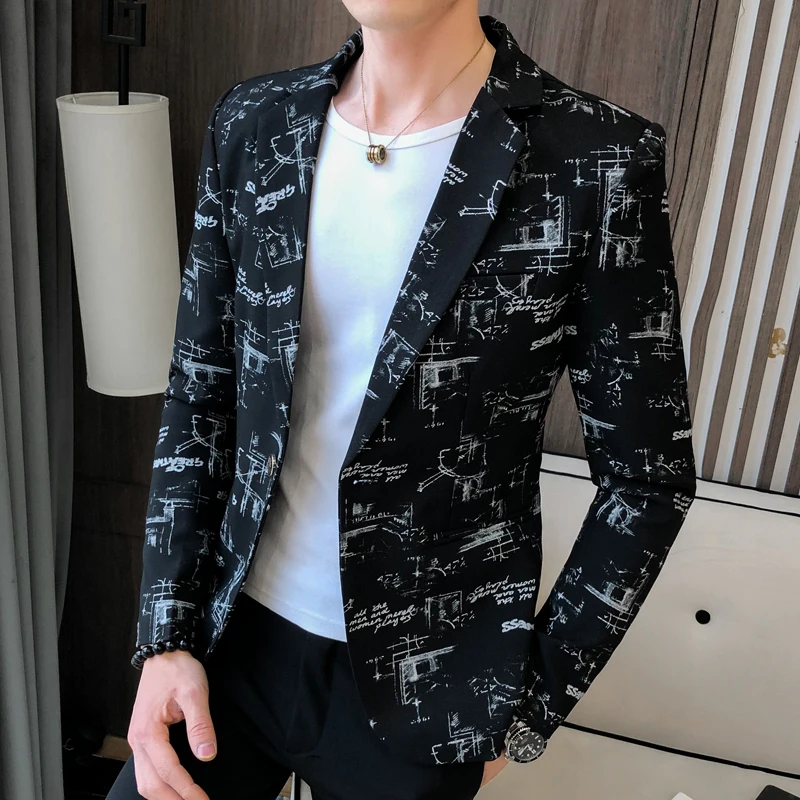 

2020 New Men's Smart Casual Blazers Jacket One Button Long Sleeve Spring Coat Slim Fit Letters Pattern Black White Gray Coffee Q
