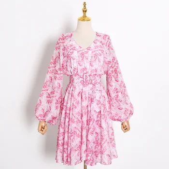 

HIGH QUALITY New Fashion Runway 2020 Designer dress Women's V-Neck lantern Sleeve Sashes Prairie Chic Floral Print short dress