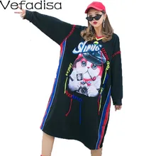 Vefadisa Sequins Tassel Sweatshirt Dress Woman Winter Cartoon Printed Pullovers Dress Thick Medium And Long Black QYF973