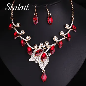 

Romantic Women Wedding Horse Eye Shape Clear Fashion Jewelry Rhinestone Crystal Leaf Pendant Necklace Earrings Jewelry Set