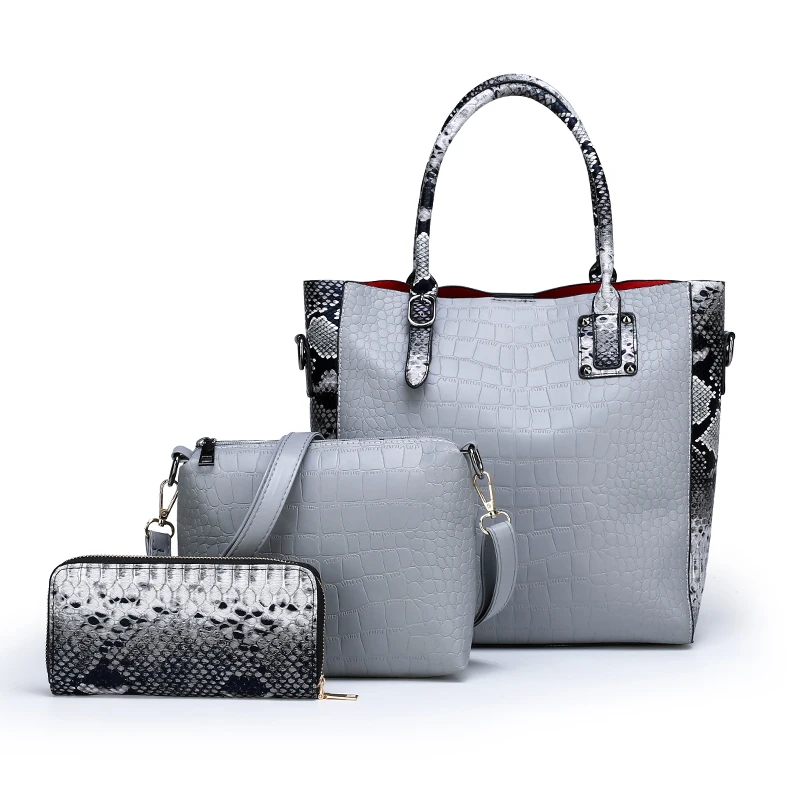 Роскошный комплект из 3 предметов, женская сумка, большая Вместительная женская сумка, сумка на плечо в стиле ретро, женская сумка через плечо из искусственной кожи с кошельком - Цвет: Gray