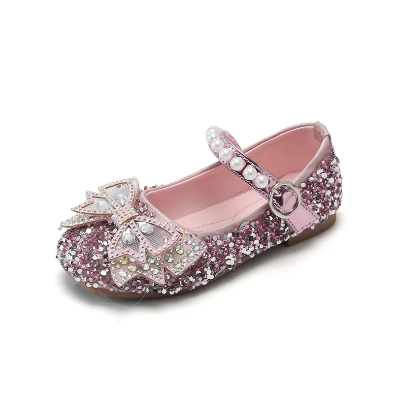 Spring Kids Leather Shoes Fashion Rhinestone Bowtie Girls Princess Shoes Bling Flat Baby Girl SMG155