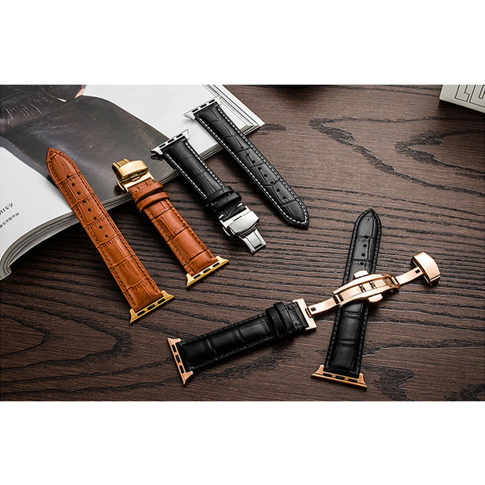 

Strap For Apple watch band 4 5 44mm 40mm Leather bracelet iwatch band 42mm 38mm apple watch 4 3 2 1 Accessories Butterfly buckle