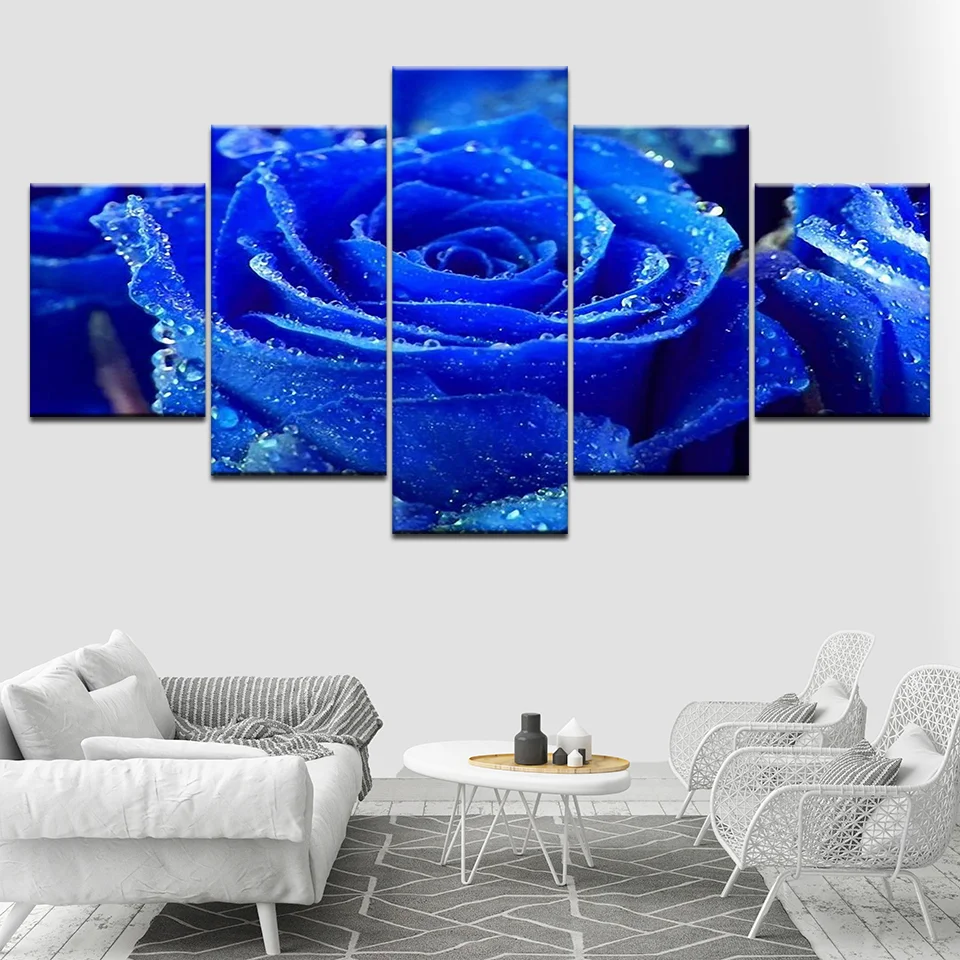 Painting HD Print Canvas 5 Panel Noble Dark Blue Rose Framework Wall Artwork Poster Home Decor Living Room Modular Pictures | Дом и сад
