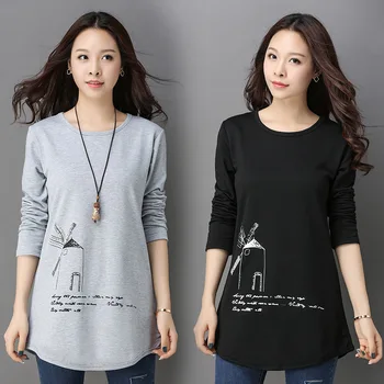 

Big Code Women's Wear Medium Length Money Long Sleeve T Shirt Female Backing Outside The Shirt Wear Women's Top