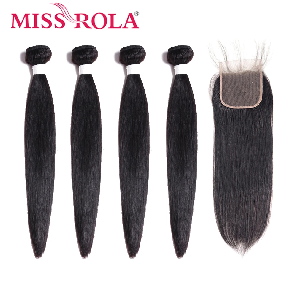 

Miss Rola Hair Peruvian Hair Bundles With Closure 100% Human Hair Non-Remy Straight Hair 4 Bundles With Closure Natural Color