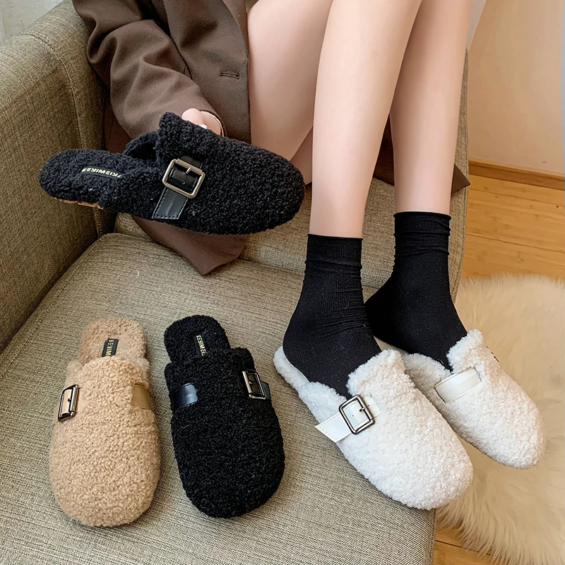 

Home Slippers Women's Slides Female Mule Loafers Shoes Fur Flip Flops Cover Toe Pantofle Massage Mules Plush Flat 2021 with fur