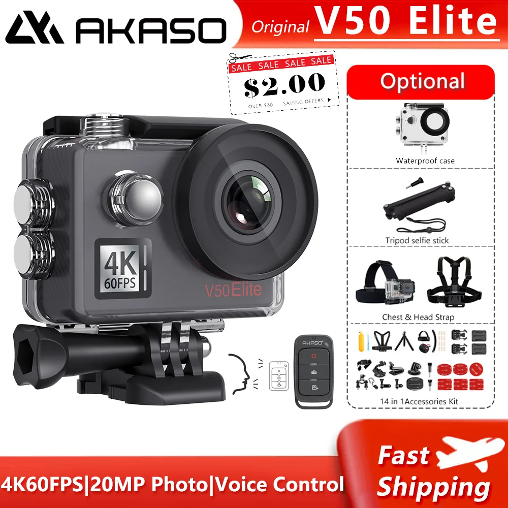 Экшн-камера AKASO V50 Elite 4K/60fps с Wi-Fi и сенсорным экраном | Электроника
