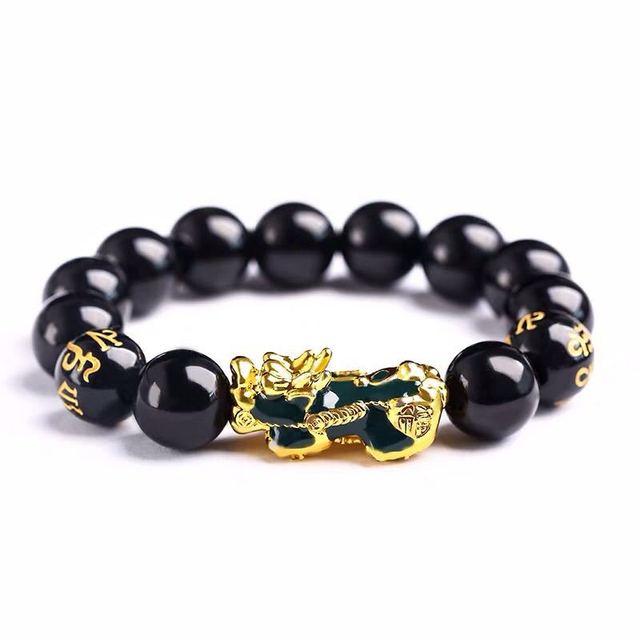 Shui Obsidian Stone Beads Bracelet Men Women Unisex Wristband Gold Black Pixiu Wealth and Good Luck Color Changing Bracelet