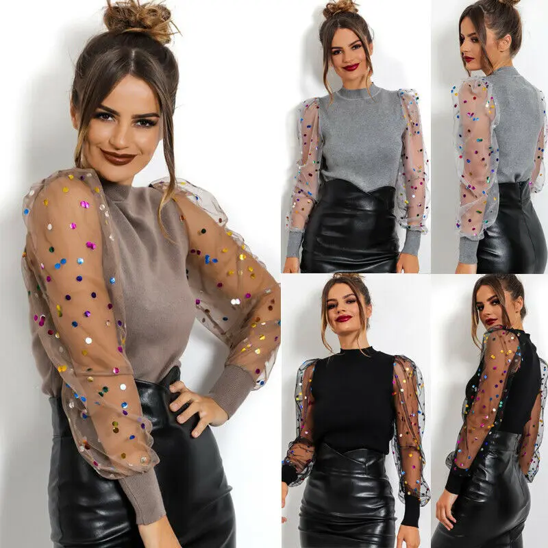 Womens Ladies Puff Mesh Sleeve Tops Pullover Sweater Loose Jumper Blouse | Женская одежда