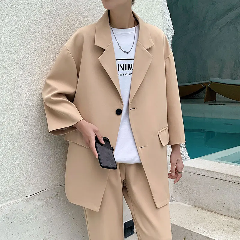 Mens Suit Pant Clothing-Sets Jacket Three-Quarter-Sleeves Streetwear Khaki Baggy Summer