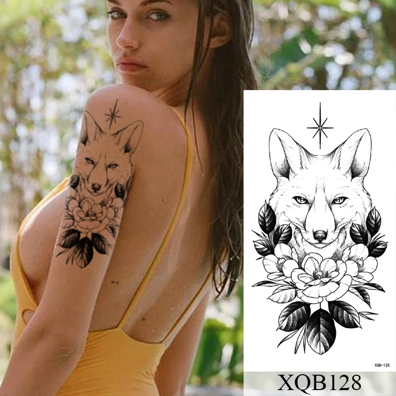 Tattoo Sticker Temporary Tattoos Waterproof Temporary Tattoo Sticker Lace Rose Flowers Lion Flash Tattoos Wolf Fox Body Art Arm Fake Sleeve Tatoo Women